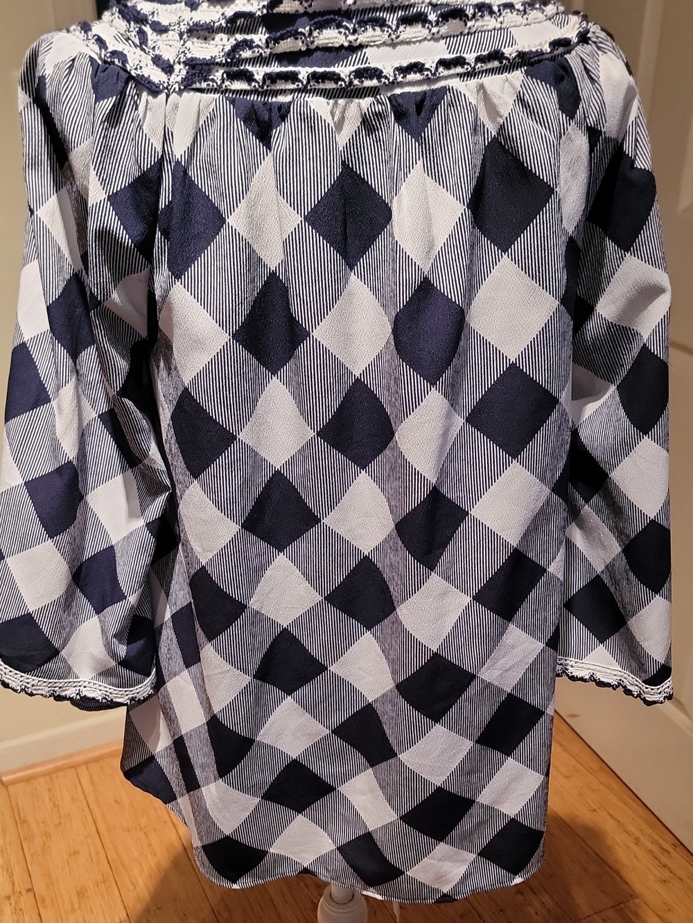 Crown And Ivy Women's Blue and White Checked Boat Neck Top - Picture 5 of 9